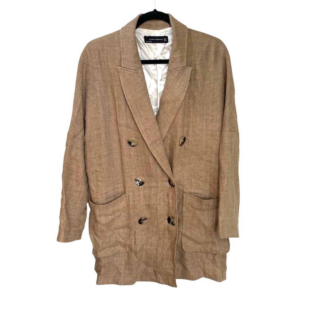 ZARA Oversized Double-Breasted Linen Cotton Blazer Camel Tan S